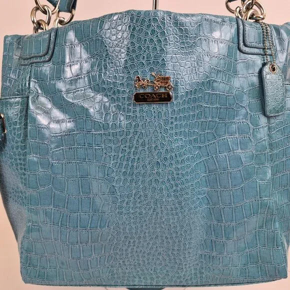 Coach Croc Embossed Leather Tote Teal Blue Shoulder Bag New Style 5659
